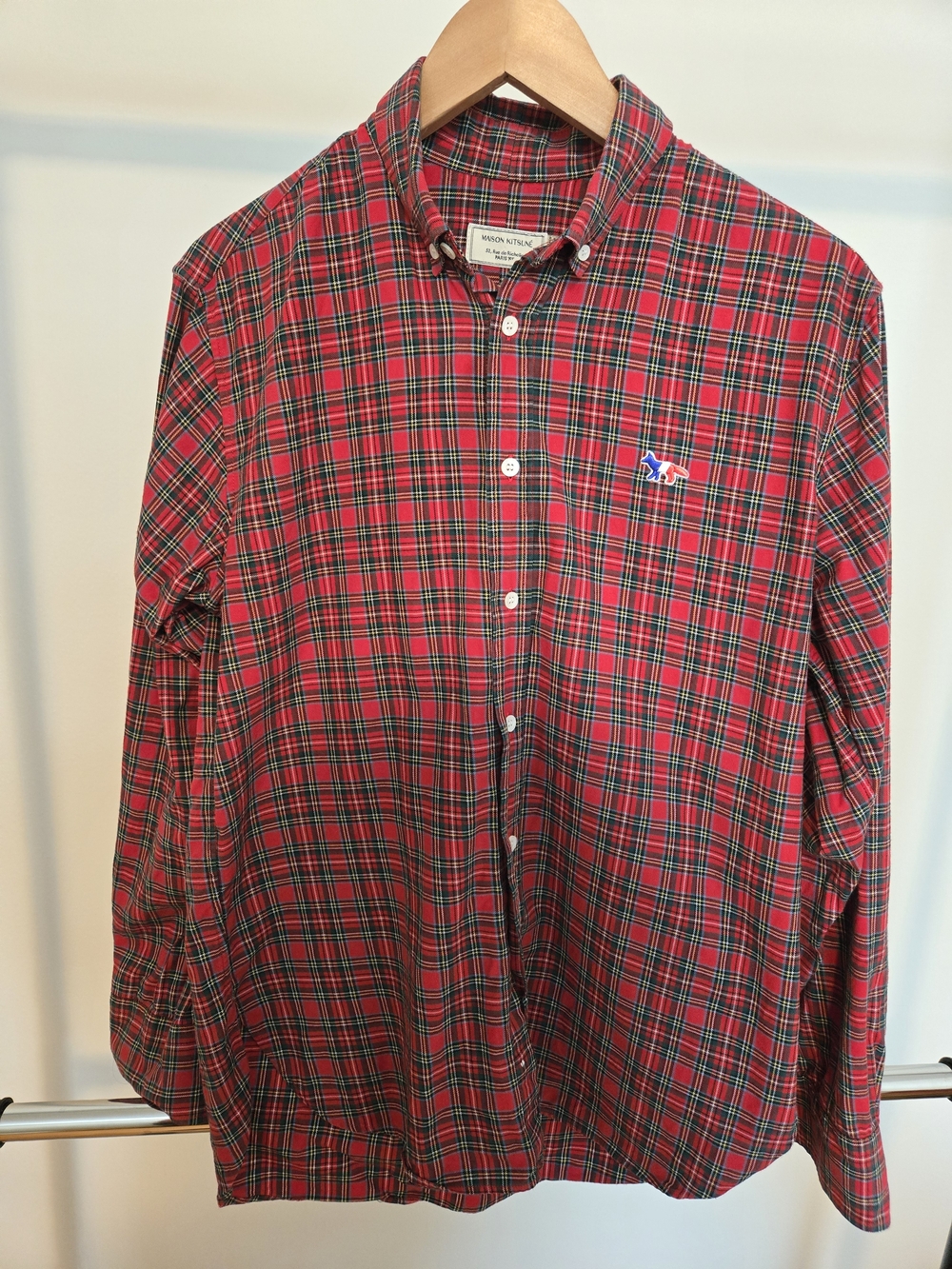 MAISON KITSUNE Men's Red and Green Plaid Button-Down Shirt